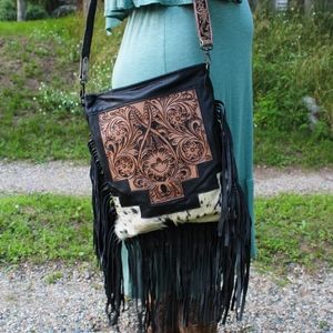 Genuine Tooled and Fringe Black Leather Crossbody Sling Bag